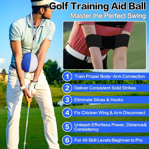 Golfer using Golf Swing Training Ball With Forearm Connection And Correction Band For Consistent Impact, Improve Striking.