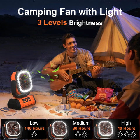 Portable 20000mAh Rechargeable Camping Fan With LED Light Remote USB C and USB A Charging by a tent, people enjoying outdoors.