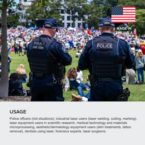 Image of police officers in uniforms at an event, showcasing Heavy Duty Laser Safety Glasses With A Roomy Fitover Cut Giving Hella Wavelength Coverage Up To 532Nm And An OD 7 Plus Guard.