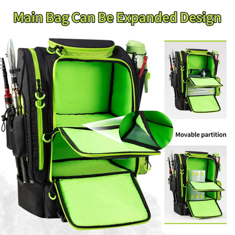 Large Insulated Fishing Backpack With Cooler That Fits 3 Tackle Boxes, Rod Holders, fish bag, expandable design, movable partition.