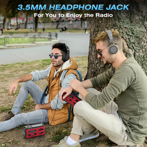 Two men using Emergency Radio With NOAA Weather Radio And AM FM Bands 10000mAh Power Bank USB Solar And Hand Crank Charging outdoors