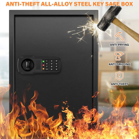 144 Key Safe Cabinet Fireproof Lock Box With Key Tags, Heavy Duty Anti Theft Wall Mount Organizer, flames and hammer