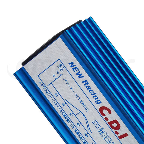 Close-up of blue aluminum 6 Pin AC CDI Ignition Coil Aluminum Alloy Racing CDI Box For Motorcycle ATV Dirt Bike Scooter.
