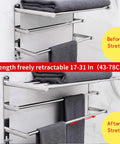 Retractable Towel Rack With 3 Tier Shelf And 2 Towel Bars Adjustable From 19.7 To 31.5 Inches Stainless Steel 304 Durable 3M Adhesive No Drilling Wall Mount Hole Free Bathroom Kitchen Space Saver Organizer showing before and after stretching states, with grey towels on bars.