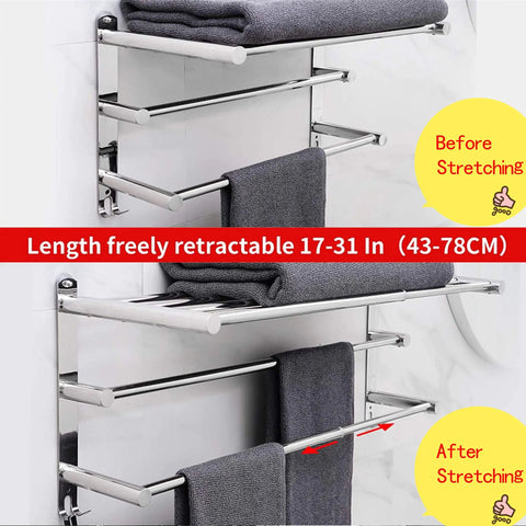 Retractable Towel Rack With 3 Tier Shelf And 2 Towel Bars Adjustable From 19.7 To 31.5 Inches Stainless Steel 304 Durable 3M Adhesive No Drilling Wall Mount Hole Free Bathroom Kitchen Space Saver Organizer showing before and after stretching states, with grey towels on bars.