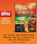 Ortho Fire Ant Killer packaging with product details for mound protection and 6-month ant control.