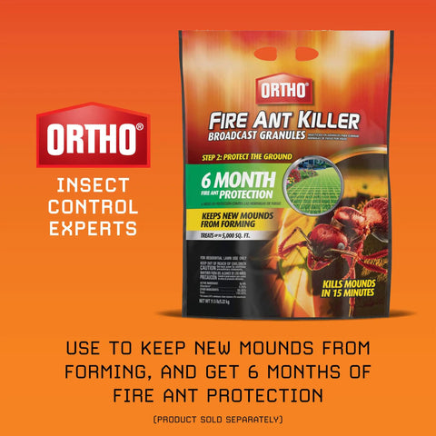 Ortho Fire Ant Killer packaging with product details for mound protection and 6-month ant control.