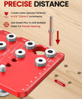 Close-up of a Two In One Shelf Pin And Hinge Jig with Adjustable Quarter Inch Drilling Guides, showing 32mm holes in wood.
