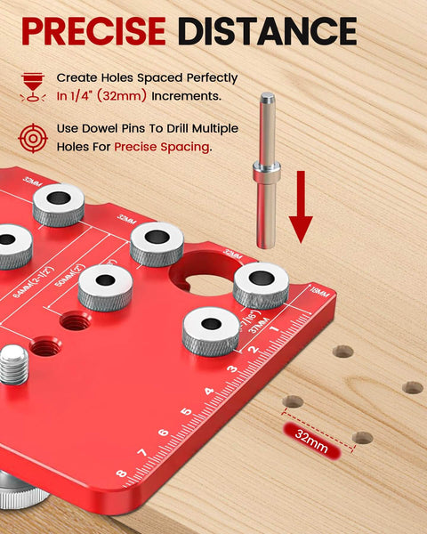 Close-up of a Two In One Shelf Pin And Hinge Jig with Adjustable Quarter Inch Drilling Guides, showing 32mm holes in wood.