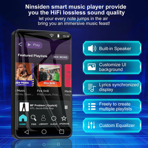 All In One Portable MP3 Player With Bluetooth And WiFi showcasing playlists on a 4 inch full color touch screen