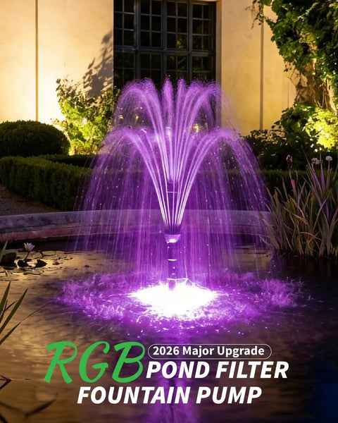 All In One Pond Filter Kit With U V Clarifier, 660 GPH Pump, 40W Power, RGB LED Lights, Built In Fountain For Outdoor Ponds Up To 1300 Gallons P2360 With Energy Efficient Design And Easy Maintenance illuminating a garden pond with purple fountain