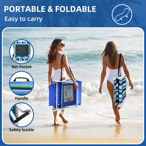 Two women carrying 3-In-1 Beach Chair With Face Holes And Folding Side Table Outdoor Lounger on beach, showing net pocket and handle.