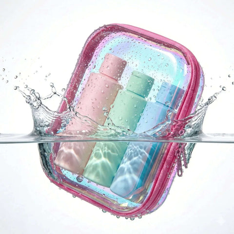 Hella Durable Clear Hard Shell Travel Organizer Cases With Smooth Zipper Closure Kickass Iridescent Coating in water with toiletries.