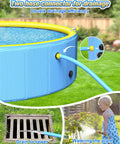 Huge 79 Inch Foldable Kiddie Pool For Pets And Kids With Non Slip Hard Plastic 2 In 1 Sprinkler Pool shows dual drainage hose system