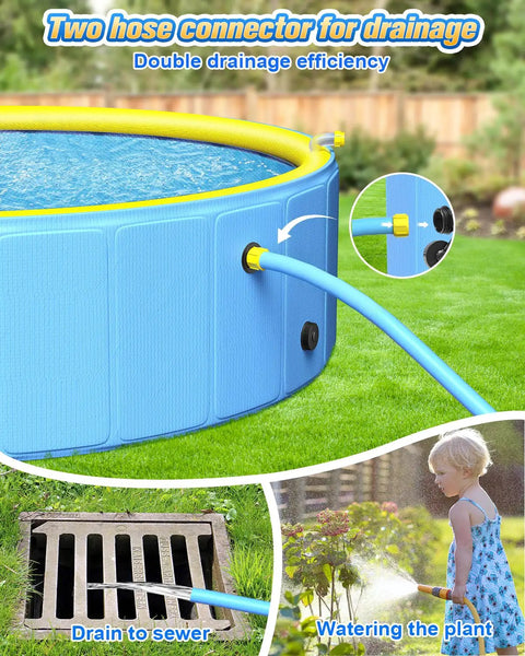 Huge 79 Inch Foldable Kiddie Pool For Pets And Kids With Non Slip Hard Plastic 2 In 1 Sprinkler Pool shows dual drainage hose system