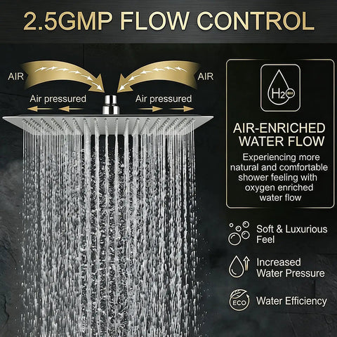 Diagram of Oversized 16 Inch Rain Shower Head Brushed Nickel Finish, showing air-enriched water flow and high pressure features.