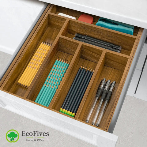 Expandable Acacia Kitchen Drawer Organizer With Grooved Dividers Eight Slot Silverware Tray For Flatware And Utensils Space Saving Utensil Holder For 17 By 12 Inch Drawers Adjustable Panels For Easy Grab And Go Storage with pencils and pens visible.