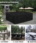 Rectangular Patio Table Set Cover Waterproof Outdoor 94L X 35W X 39H Inches Weatherproof Garden Dining Table And Chair Cover Built For Rain Or Shine Backyard Protection shown in use under various weather conditions.