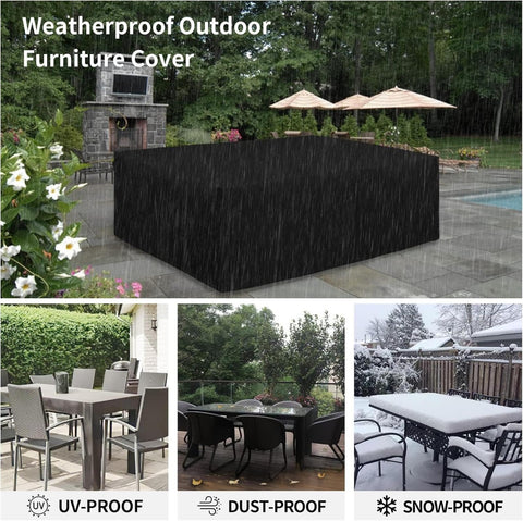 Rectangular Patio Table Set Cover Waterproof Outdoor 94L X 35W X 39H Inches Weatherproof Garden Dining Table And Chair Cover Built For Rain Or Shine Backyard Protection shown in use under various weather conditions.