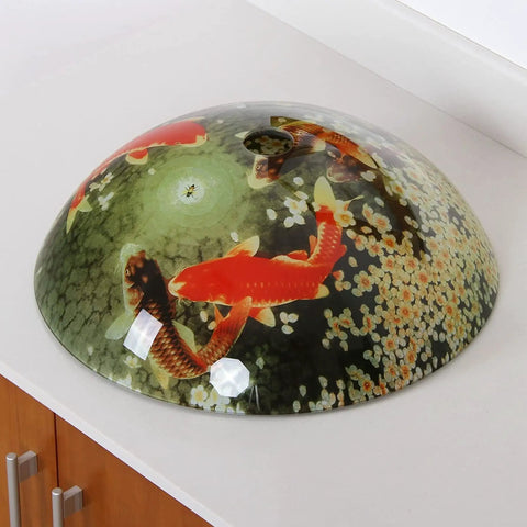 Overhead view of Koi And Lily Pond Glass Vessel Sink With Tempered Glass, 16.5 Inch Diameter By 5.75 Inch High, European Design Elevates Your Modern Bathroom Upgrade.