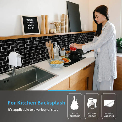 Peel And Stick Backsplash Tiles 12x12 Black Marble Design For Kitchen And Bath, 10 Sheets, shown above a kitchen counter.
