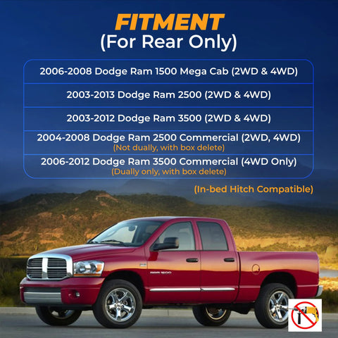 Torque airbag suspension kit; red Dodge Ram pickup with blue fitment chart for Ram 2500/3500/1500 Mega Cab