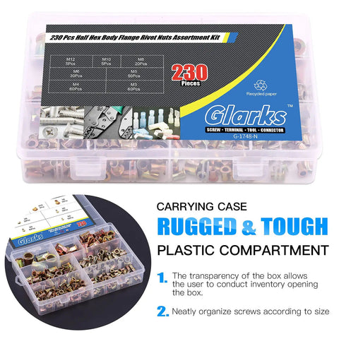 230 Piece Rivet Nut Kit M3 Through M12 with Half Hex Body Flange Rivet Nuts Zinc Plated Carbon Steel Flat Head Threaded Inserts Rivnut Set for Automotive DIY Projects Pro Grade in plastic case