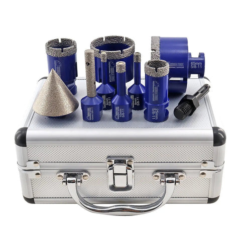 Diamond Core Drill Bit Set For Porcelain Tile Marble Ceramic Granite - 9Pcs Milling And Chamfer Kit on a silver case