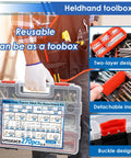 All In One 270 Piece Hitch Pin Kit With 31 Sizes For Trailers And Farm Equipment Includes Square PTO Pins Lynch Pins Cotter Pins Hairpins shown in portable toolbox with detachable inserts.