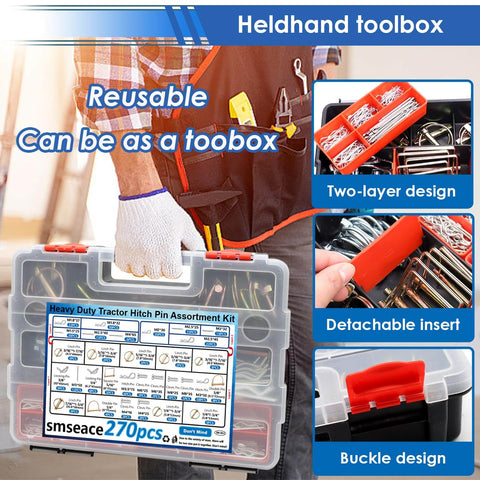All In One 270 Piece Hitch Pin Kit With 31 Sizes For Trailers And Farm Equipment Includes Square PTO Pins Lynch Pins Cotter Pins Hairpins shown in portable toolbox with detachable inserts.