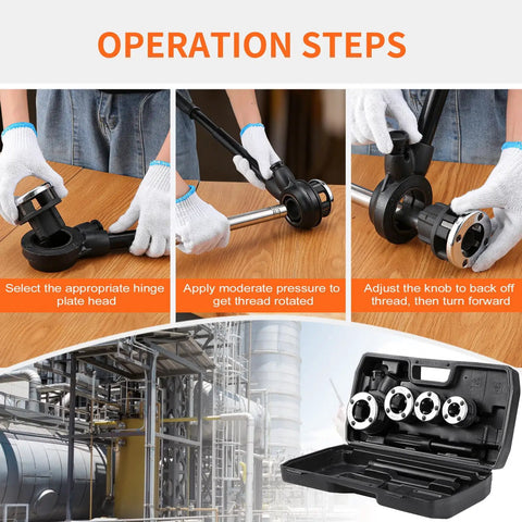 Ratcheting Pipe Threader Kit For Plumbers With Three NPT Dies One Half Inch Three Quarter Inch And One Inch Heavy Duty Pro Grade Portable Pipe Die Tool With Storage Case For Galvanized Steel Iron Copper Aluminum Pipes shown with instructions and case