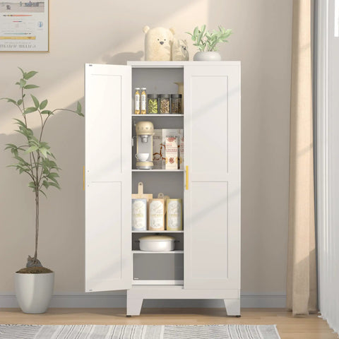 Top Shelf White Metal Pantry Cabinet With Solid Storage Shelves For Killer Home Organization And Tight Floor Space Saving Designs That Offer Reinforced Steel Build Plus Sleek Electrostatic Finish