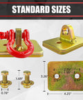Bull Tough 2 Piece Tractor Bucket Grab Hooks With Half Inch D Ring Shackles And Reinforced Mount Plate For Loader Chain Riggin Up Heavy Loads Yard Work Gold And Red dimensions and features laid out on a light background.