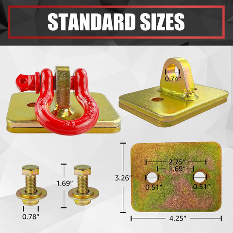 Bull Tough 2 Piece Tractor Bucket Grab Hooks With Half Inch D Ring Shackles And Reinforced Mount Plate For Loader Chain Riggin Up Heavy Loads Yard Work Gold And Red dimensions and features laid out on a light background.