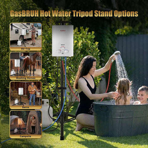 Heavy Duty Tripod Stand For Propane Tankless Water Heaters with adjustable folding design used outdoors for showering.