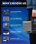 Person holding Two Stage HVAC Vacuum Pump For AC Service, 1.5 HP Rotary Vane Pro Grade Heavy Duty Pump with features list