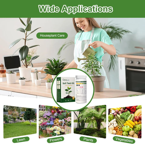 Woman using 2-In-1 pH and Nitrogen Soil Test Kit with strips for lawn, garden, grass, flowers and vegetables at home