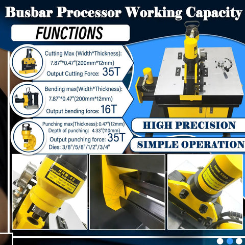 Image showing functions of 3 In 1 Hydraulic Busbar Machine Pro Grade Heavy Duty Cutter Bender Punch Tool with yellow components.