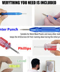 Picture Hanging Tool Kit With Precision Ink Markers For Keyhole And Sawtooth Hangers, showing center punch, screwdriver, and level.