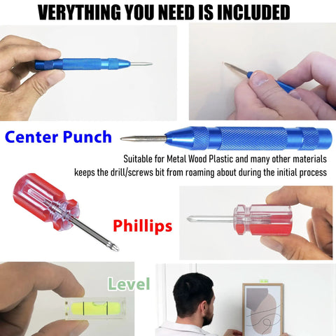 Picture Hanging Tool Kit With Precision Ink Markers For Keyhole And Sawtooth Hangers, showing center punch, screwdriver, and level.