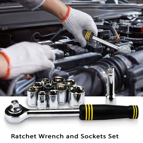 Mechanic using 61 Piece Mechanic Tool Set With Socket Wrenches And Auto Repair Must Have Gear In Durable Chrome Finish