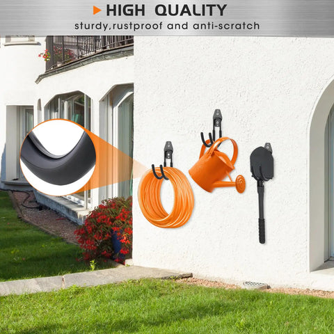 Heavy Duty Wall Mounted Hose Hanger 2 Pack Rustproof Metal Hose Holder With Screws installed outside holding garden tools