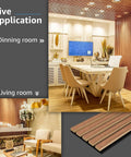 Top Shelf Six Pack Soundproof Wood Slat Wall Panels Featuring Badass Acoustic Dampening To Level Up Room Vibes And Muffle Street Noise Sleek Walnut Finish For Studios Or Home Offices in living and dining rooms.