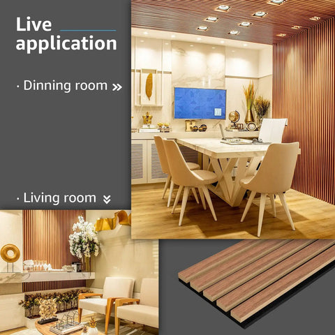 Top Shelf Six Pack Soundproof Wood Slat Wall Panels Featuring Badass Acoustic Dampening To Level Up Room Vibes And Muffle Street Noise Sleek Walnut Finish For Studios Or Home Offices in living and dining rooms.