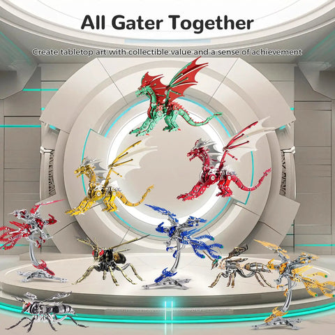 Display of colorful models from 3D Metal Dragon Puzzle Kit for adults high detail mechanical model building set.