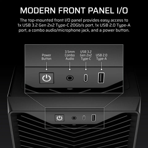 3200D RS Mid Tower PC Case front panel with USB and audio ports, part of the 3200D RS Mid Tower PC Case With 3 RS120 PWM Fans Included.