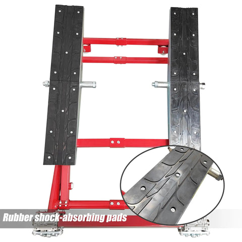 Portable Dual Workbench Scissor Lift Providing 4400 Lbs Capacity And Three Adjustable Widths showing rubber shock-absorbing pads for stability.