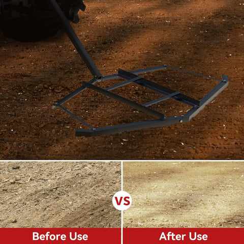 72 Inch Wide Driveway Drag Grader Harrow With Adjustable Bars For ATVs And UTVs on dirt, before and after leveling