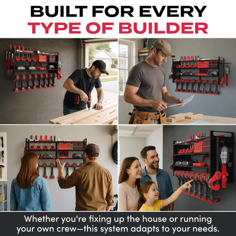 Heavy Duty Power Tool Organizer Wall Mount With Three Shelves Eight Drill Holders And Bit Holder With 300 Lb Capacity Pegboard Sides