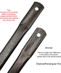 Close-up of bronze garden swing replacement bars, 33.5 inch long rectangular metal rods with holes, set of 2.